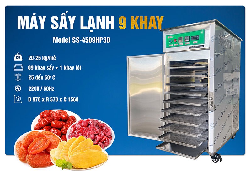 Máy sấy lạnh được làm hoàn toàn bằng inox 304 không gỉ, an toàn vệ sinh thực phẩm