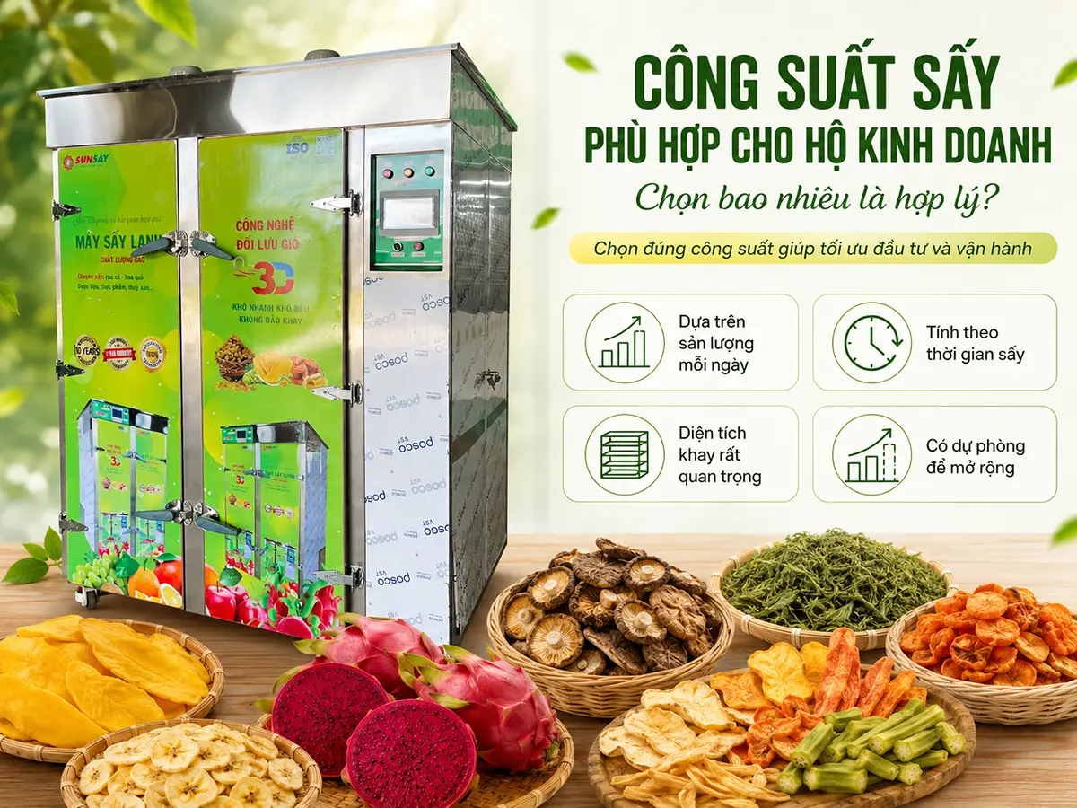 Công suất sấy phù hợp cho hộ kinh doanh cần được tính theo sản lượng thực tế, thời gian sấy và loại nguyên liệu.