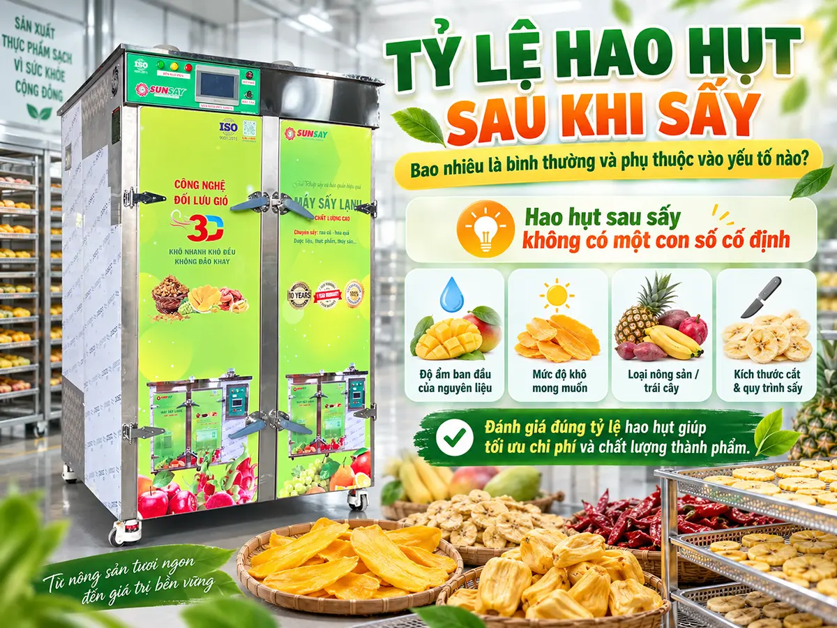 Tỷ lệ hao hụt sau khi sấy không chỉ là phần khối lượng giảm. Xem cách tính tỷ lệ thu hồi, cân bằng ẩm và phân biệt mất nước với tổn thất sản phẩm.
